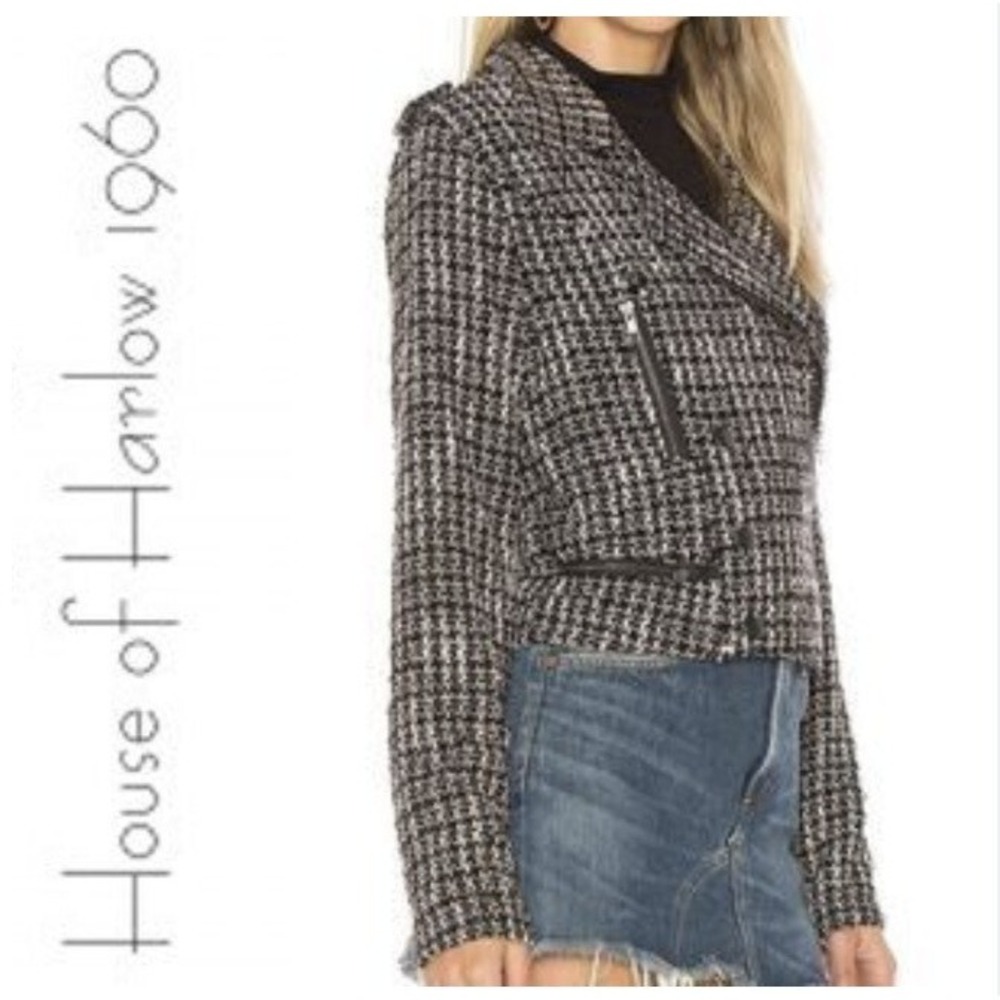 Revolve x House of Harlow Tweed Moto Zip Cropped Jacket XL Blk Wht Biker Chic - Picture 16 of 16